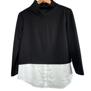 Theory Black and White Mixed-Media Mock Neck Blouse